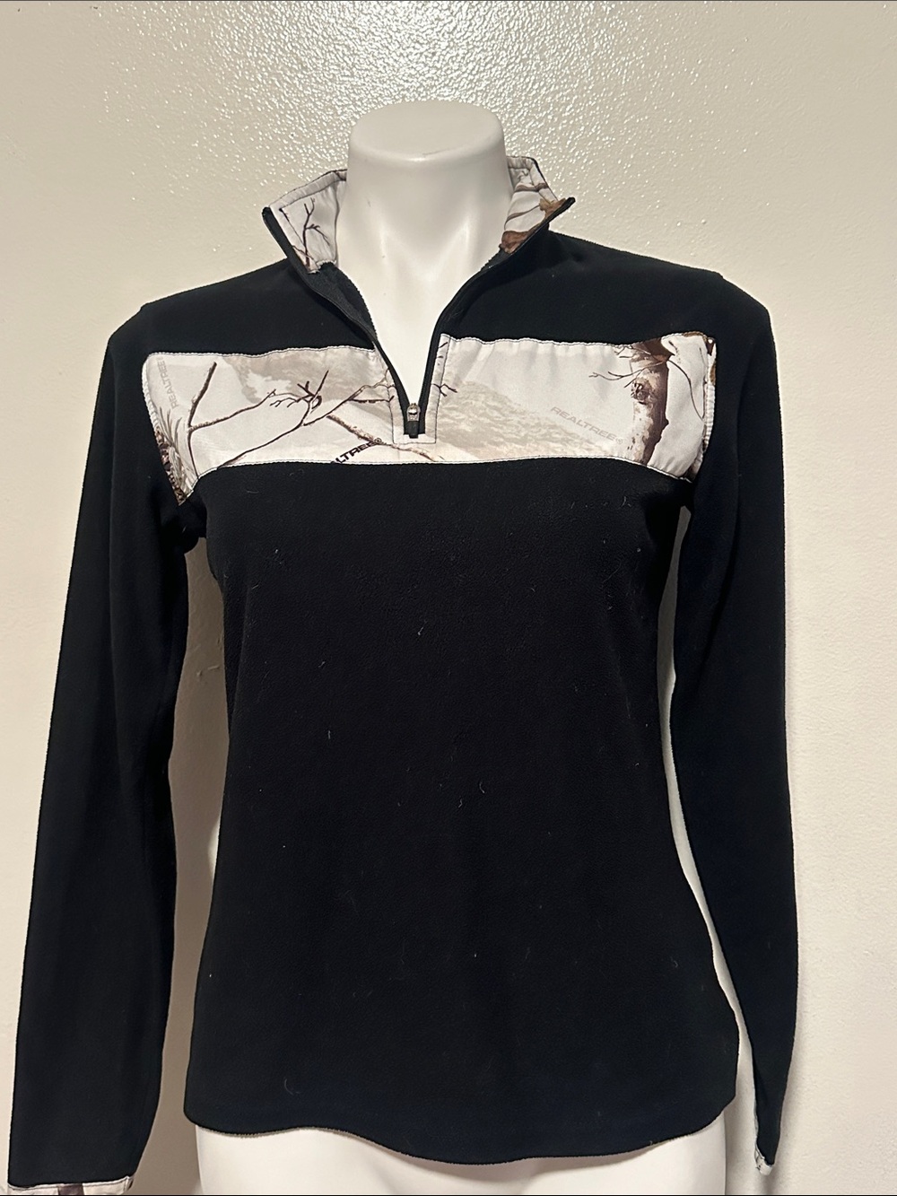 Black Women’s Half‑Zip Pullover with White Camo Yoke